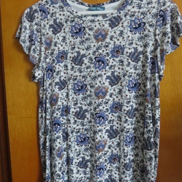 Floral Blue Cream Shirt Flutter Sleeve Top Fleur Bleue Stretch Casual Pattern Sm - Picture 1 of 5
